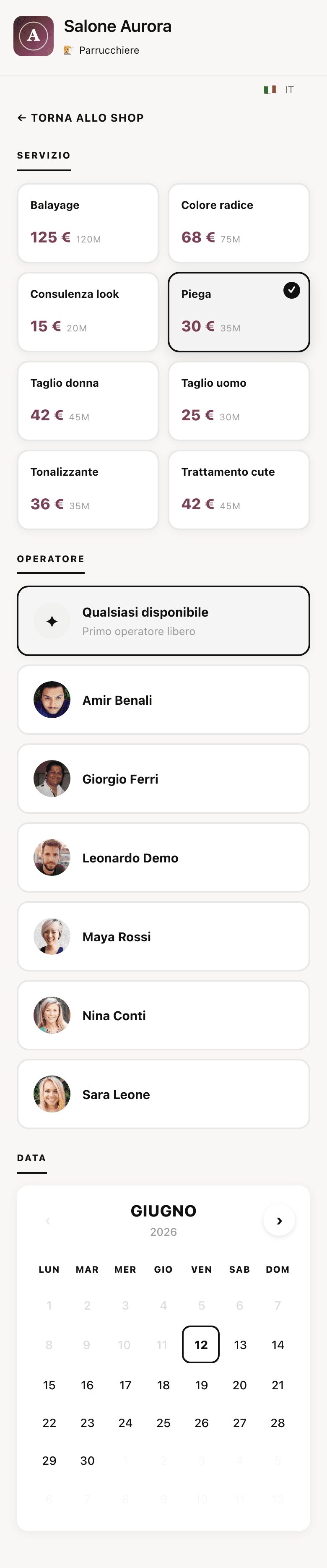 Schermata mobile Hubia con prenotazione senza sconto per Salone Aurora