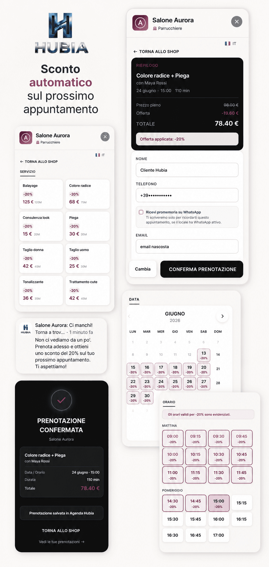Schermate Hubia App con offerta meno venti percento applicata alla prenotazione