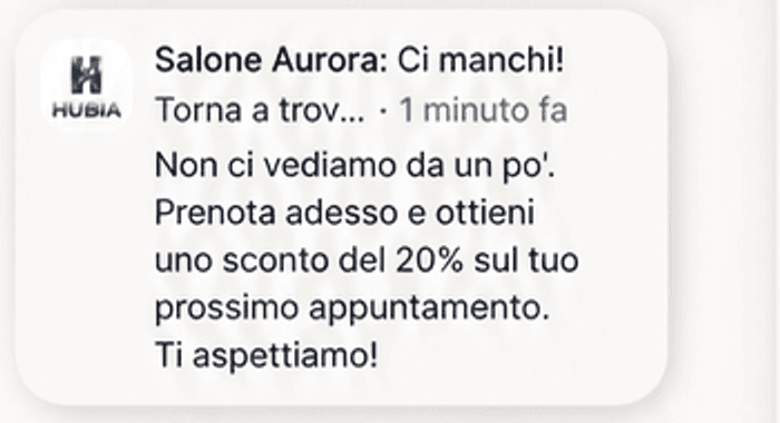 Notifica Hubia App con invito a tornare e sconto sul prossimo appuntamento